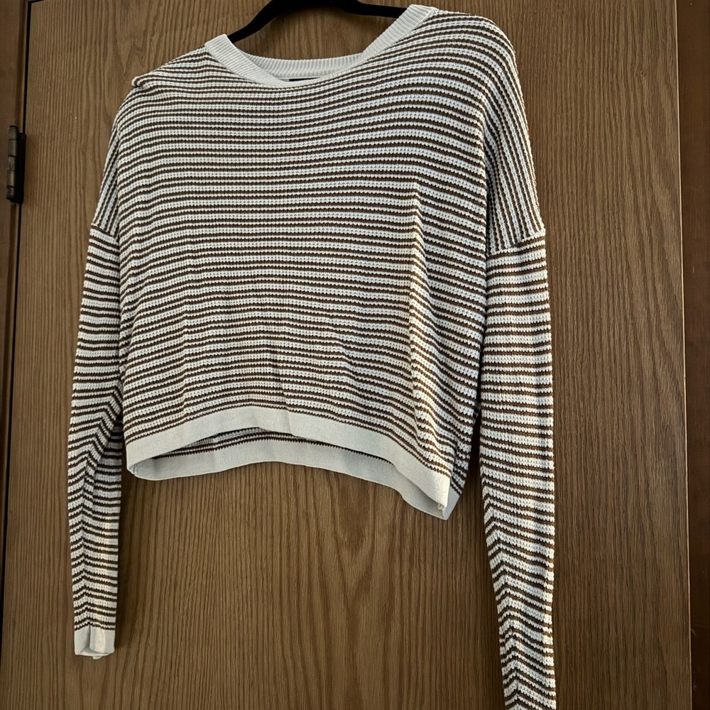 Striped Cropped Knit Top in White and Brown